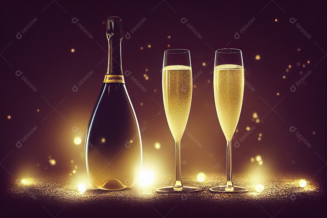 garrafa de champanhe à noite na véspera de Ano Novo com fundo de praia e fogos de artifício no céu.