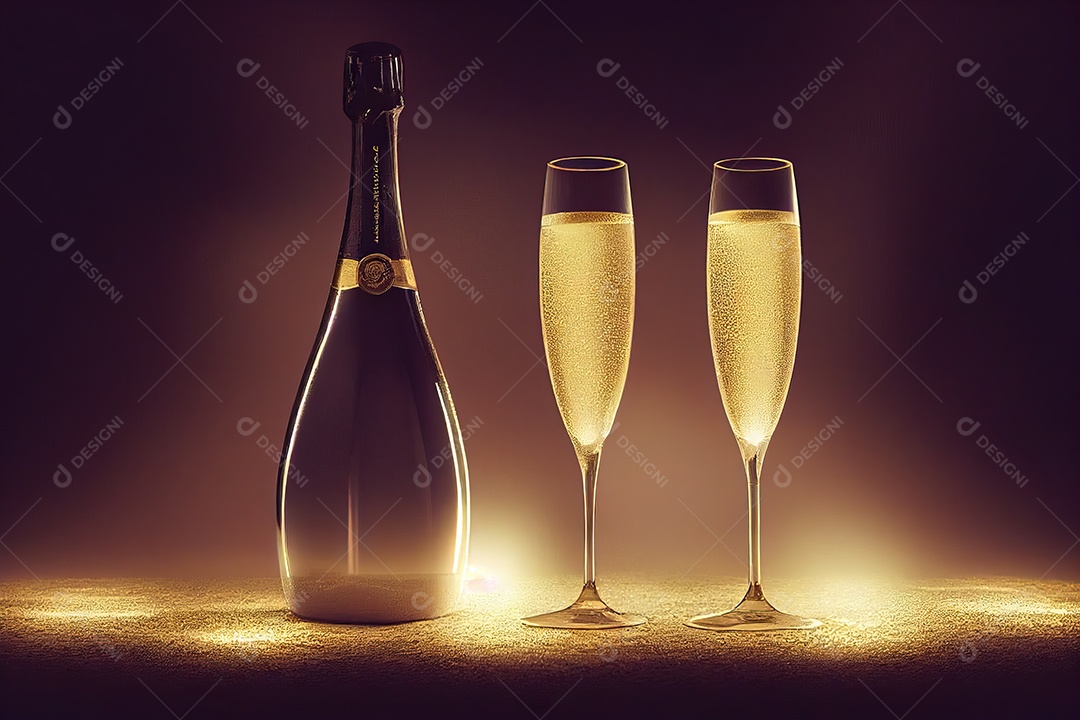 garrafa de champanhe à noite na véspera de Ano Novo com fundo de praia e fogos de artifício no céu.