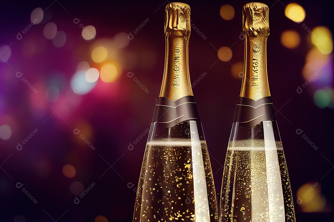 garrafa de champanhe à noite na véspera de Ano Novo com fundo de praia e fogos de artifício no céu.