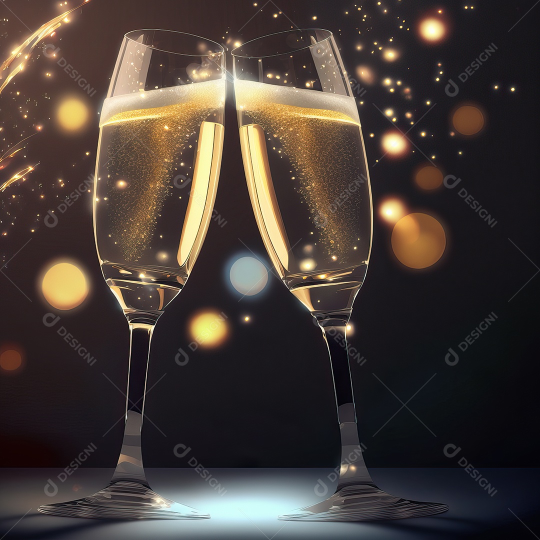 Duas taças e uma garrafa de champanhe à noite na véspera de Ano Novo com fundo de praia e fogos de artifício no céu.