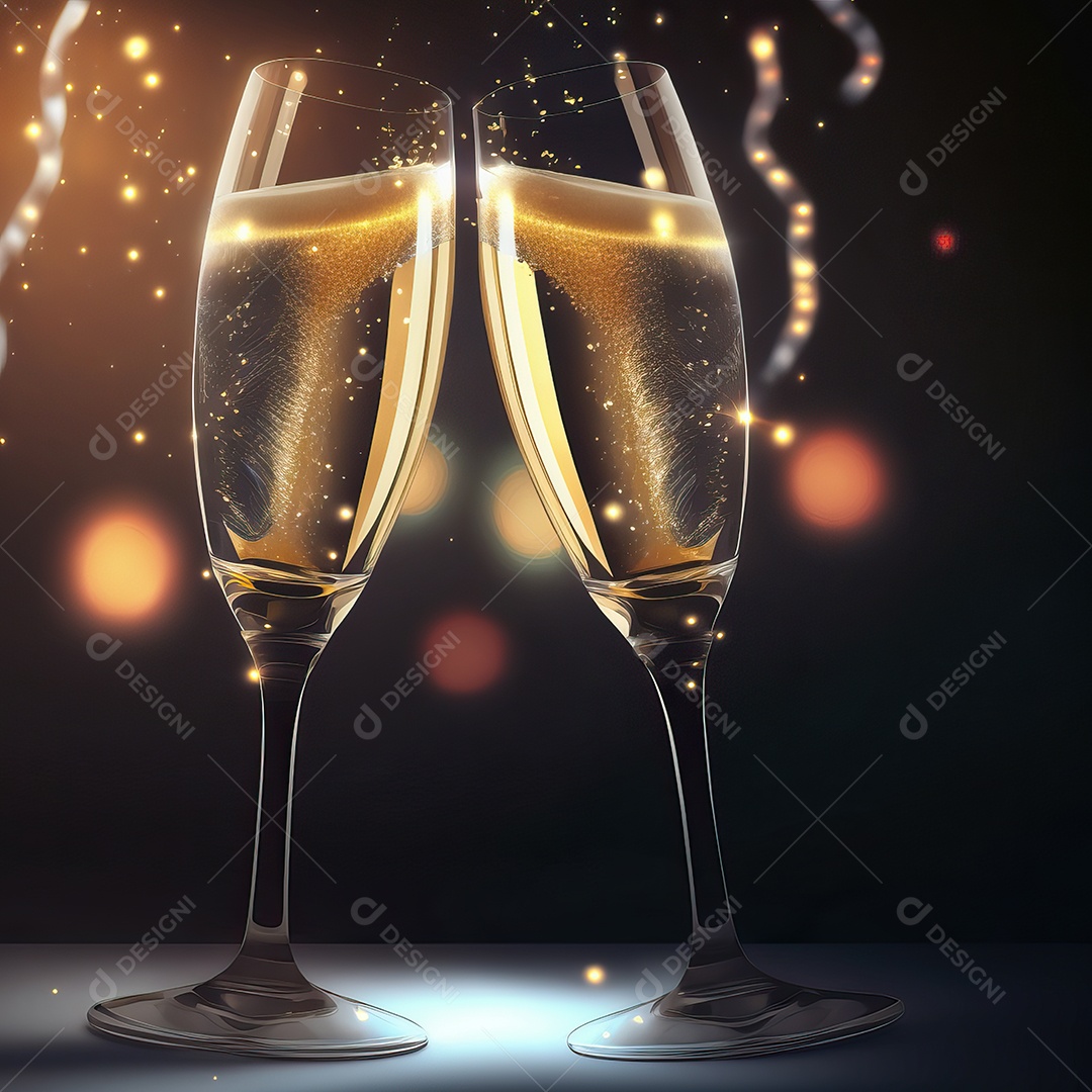 Duas taças e uma garrafa de champanhe à noite na véspera de Ano Novo com fundo de praia e fogos de artifício no céu.