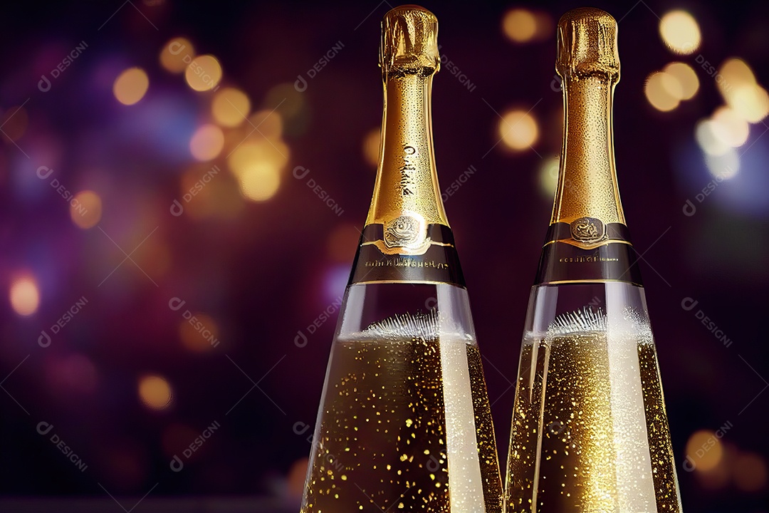 garrafa de champanhe à noite na véspera de Ano Novo com fundo de praia e fogos de artifício no céu.