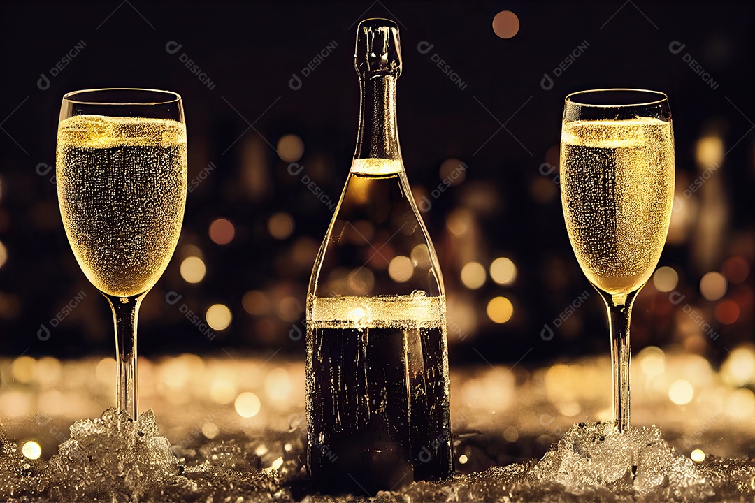 Duas taças e uma garrafa de champanhe à noite na véspera de Ano Novo com fundo de praia e fogos de artifício no céu.