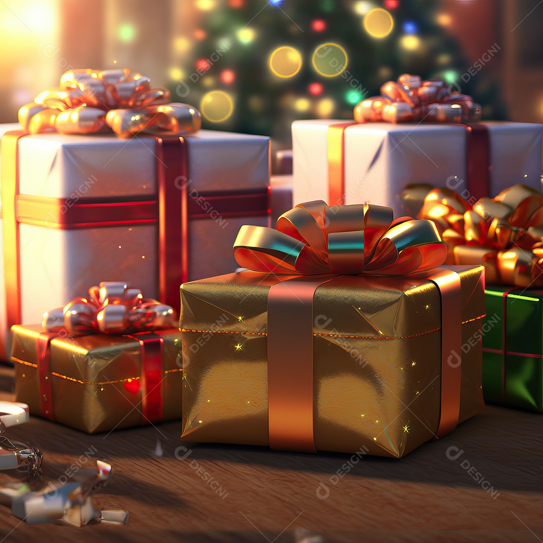 Composição da noite de natal com caixas de presentes coloridas perto da árvore de natal à noite