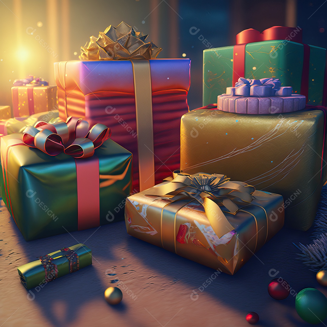 Composição da noite de natal com caixas de presentes coloridas perto da árvore de natal à noite