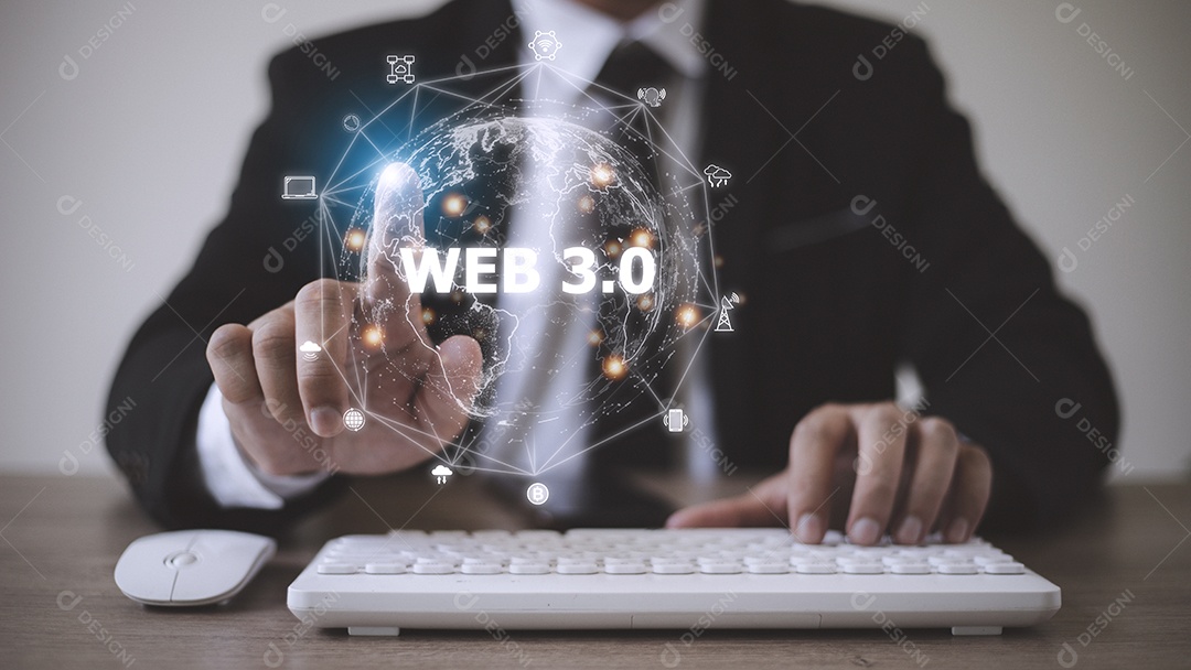 Imagem do conceito Web 3.0 com um homem usando um laptop