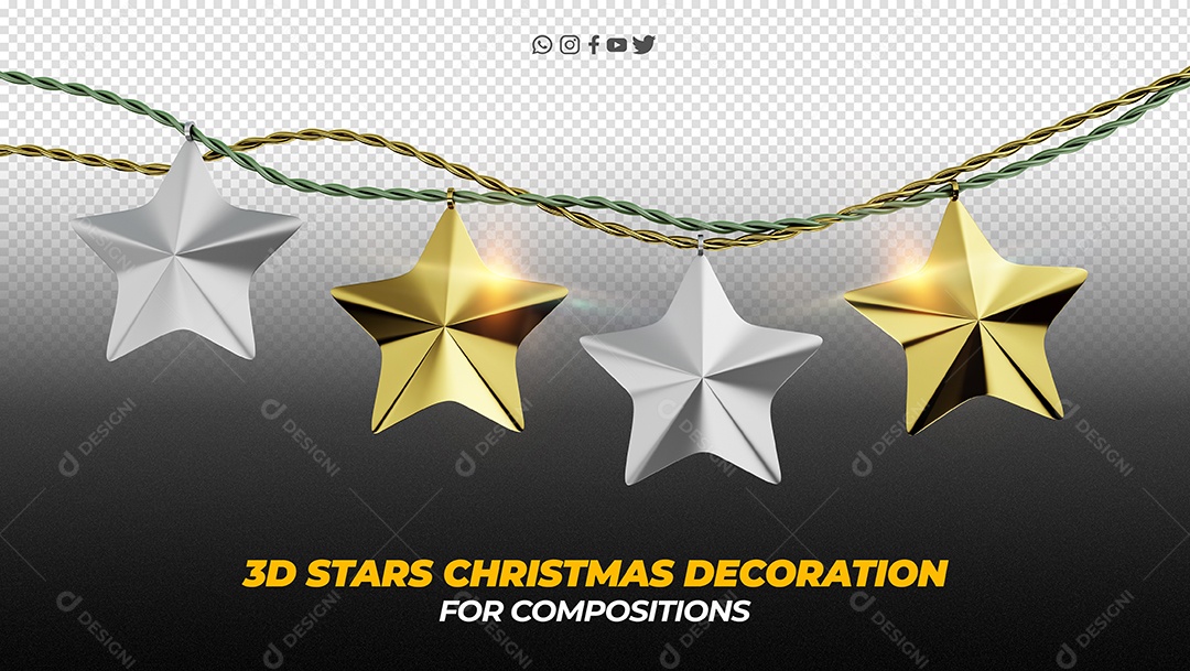 Elemento 3D Para Composição Enfeite Natalinos de Estrelas Douradas e Cinza PSD