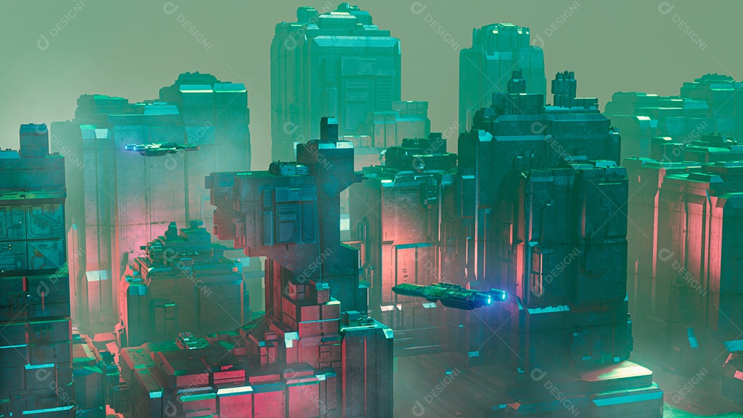 Naves espaciais de ficção científica sobrevoando a cidade futurista