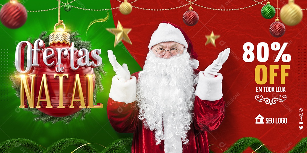 Banner Ofertas de Natal Toda Loja Com 80% de Desconto em Todas as Lojas Social Media PSD Editável