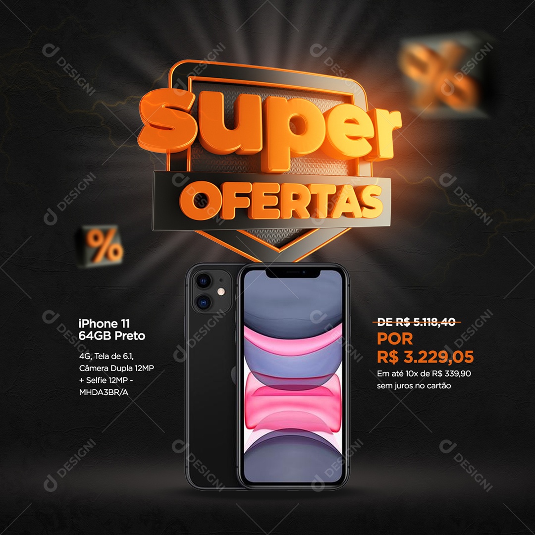 Super Ofertas Iphone 64 GB Preto Loja de Celulares Social Media PSD Editável