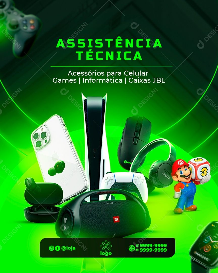 Assistência Técnica Acessórios Para Celular Games Informática Caixa JBL Social Media PSD Editável