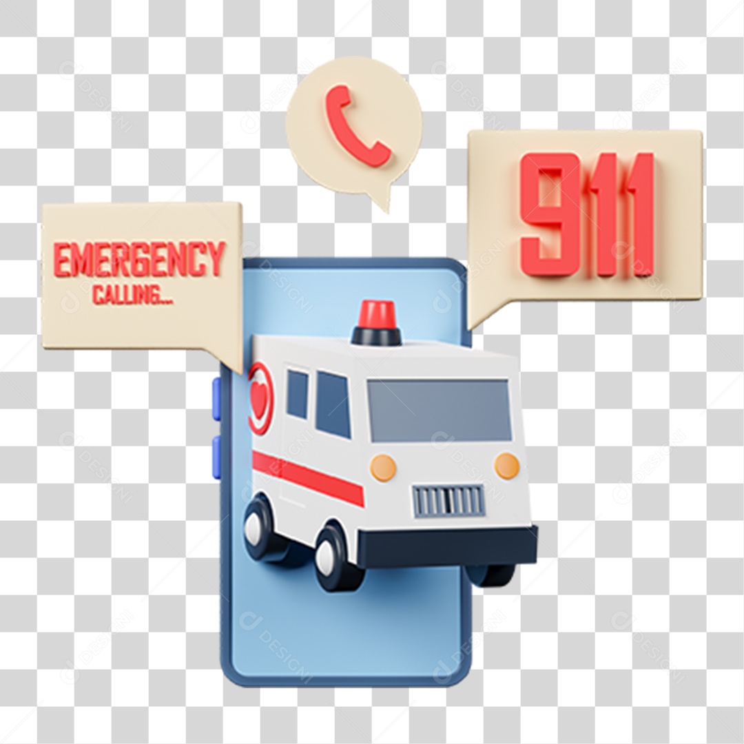 Elemento 3D Chamadas 911 Ambulatório para Composição PNG Transparente