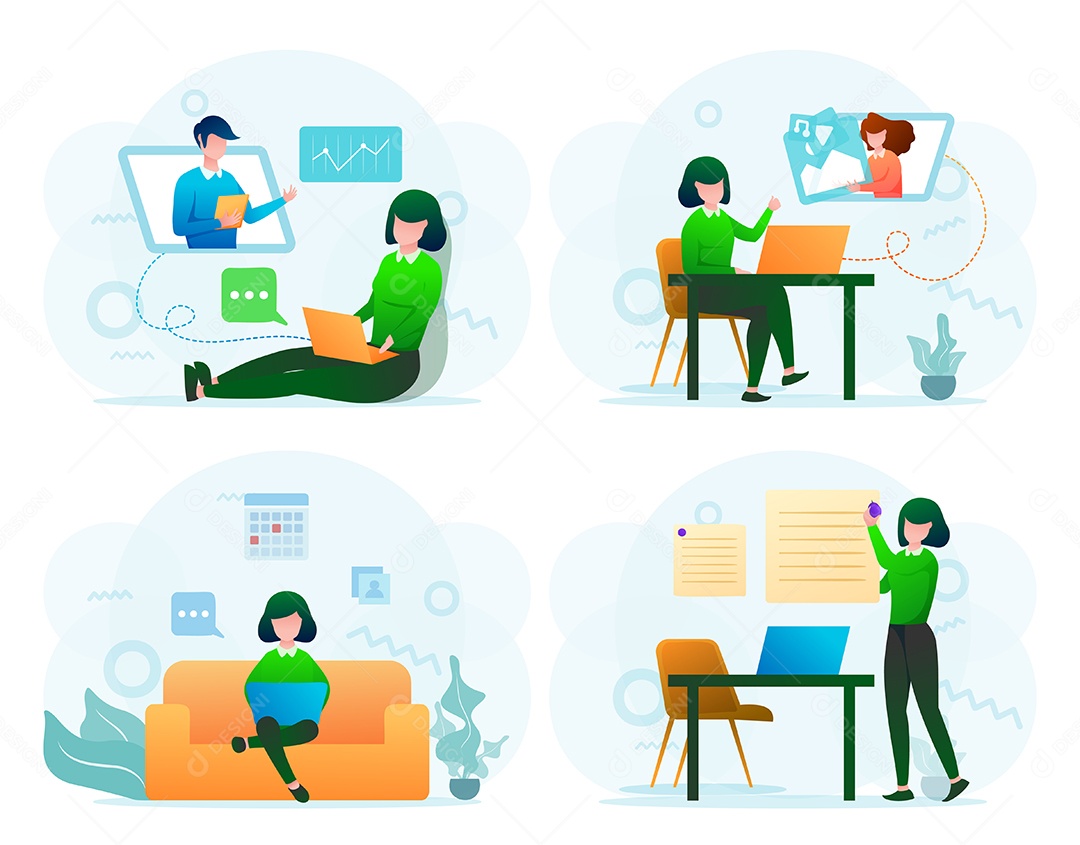 Personagem freelancer trabalhando em casa ou na praia em ritmo descontraído