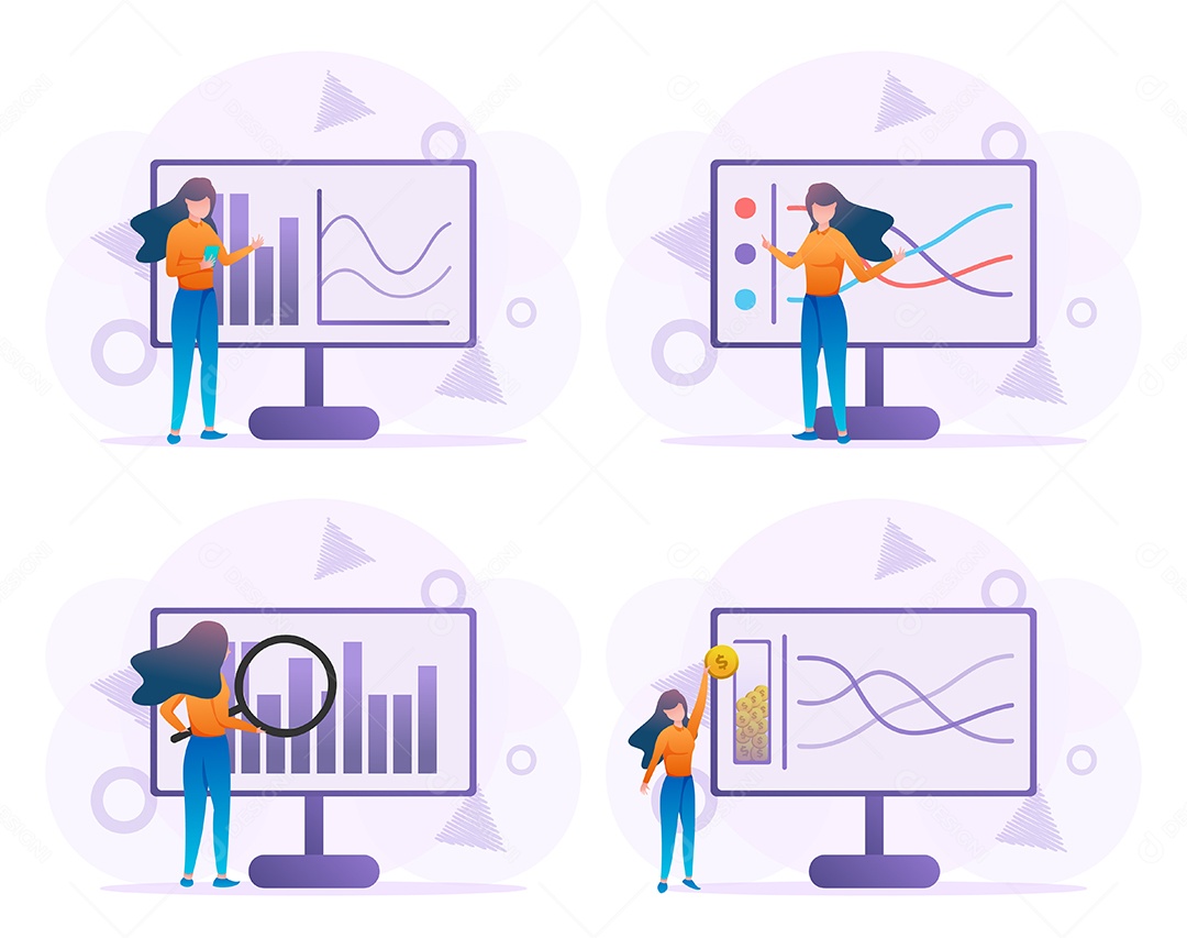 Personagens de empresários com gráfico de barras on-line no monitor do PC