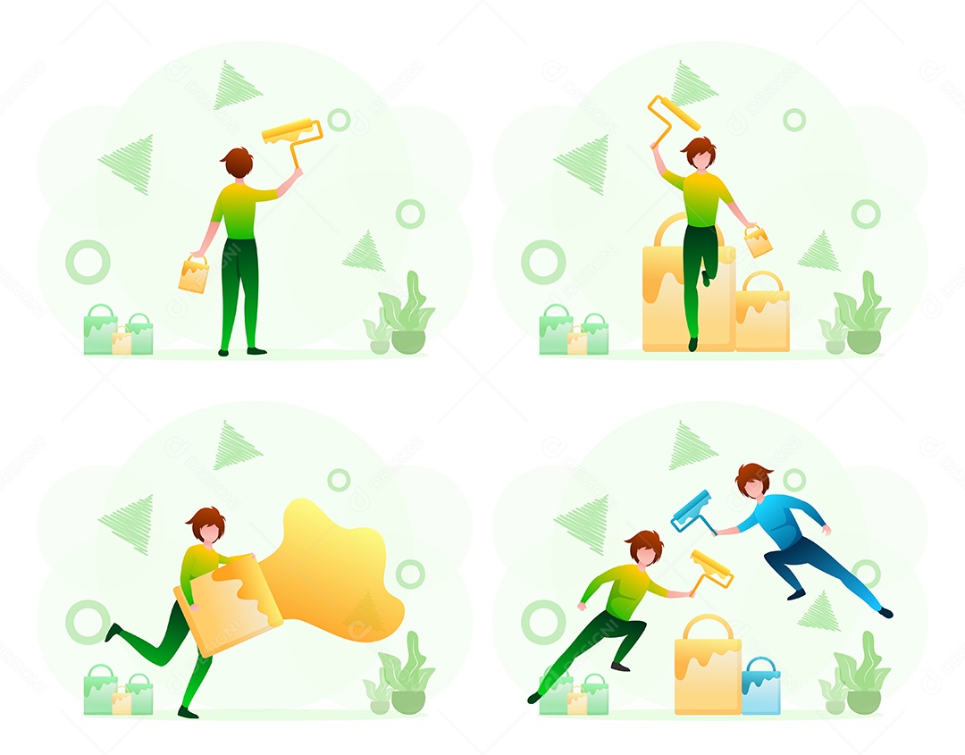 Pintor de mulher com rolo e balde de tinta. Uma garota se levanta