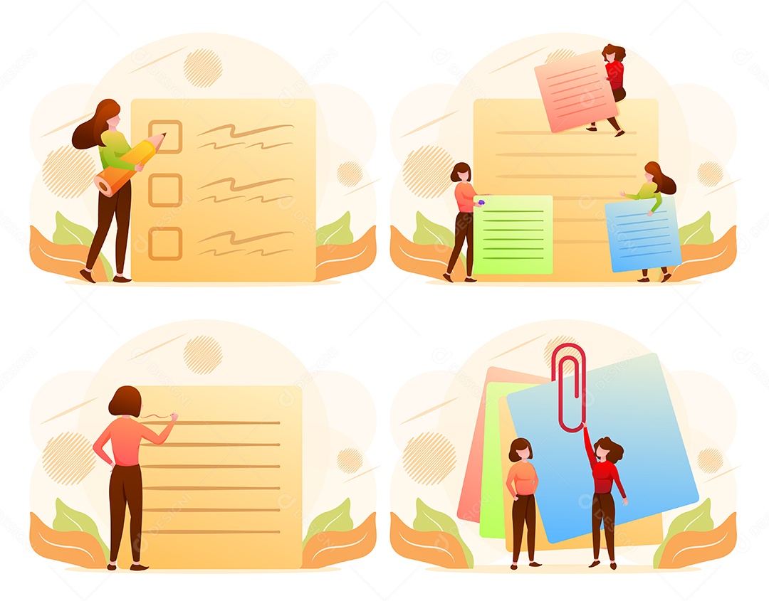 Folhas de papel com marcas de seleção, mulher segurando um lápis e escrevendo