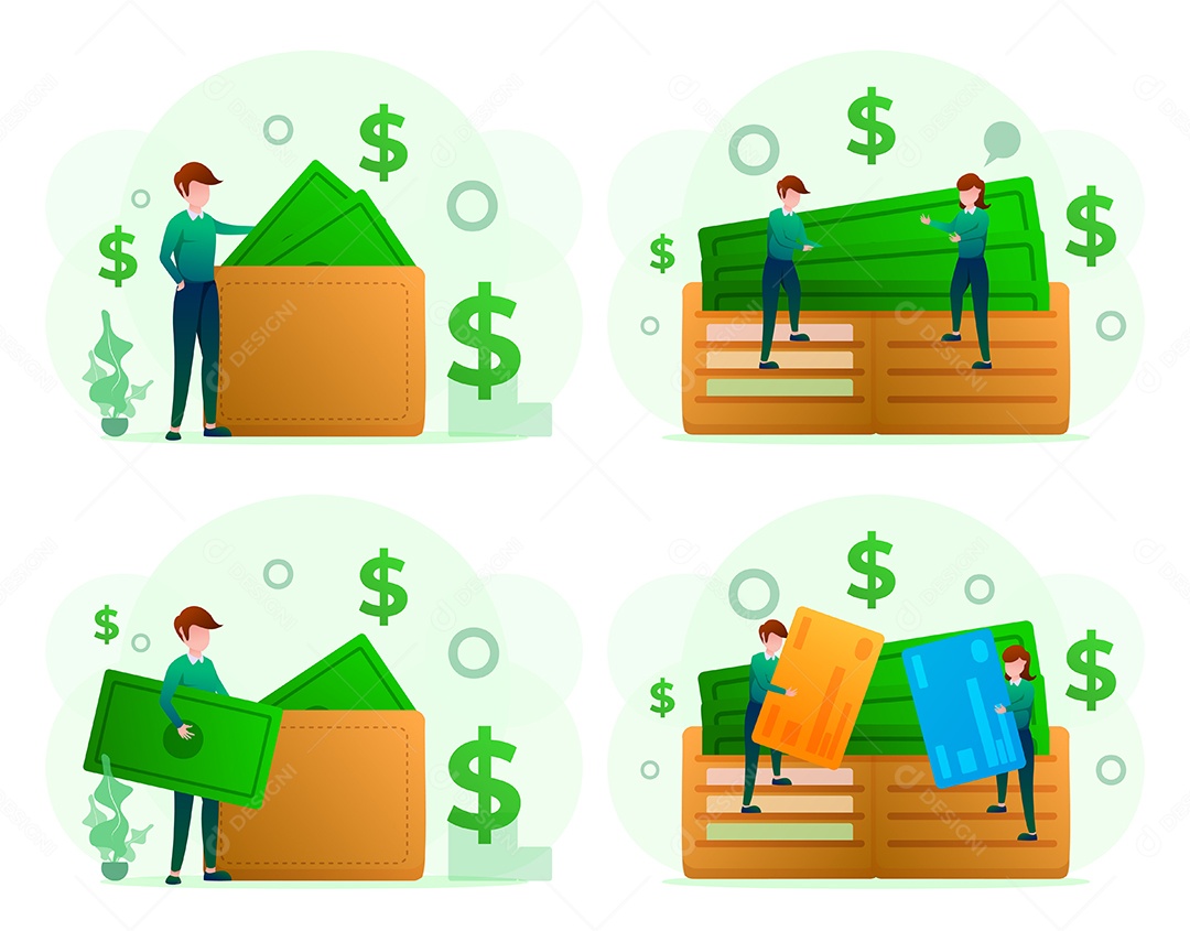 Carteira marrom com folha de dinheiro verde e cartão de crédito.