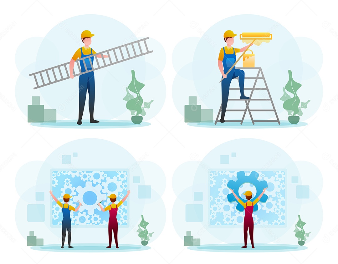 Técnico usa escada para instalar placas para propaganda.