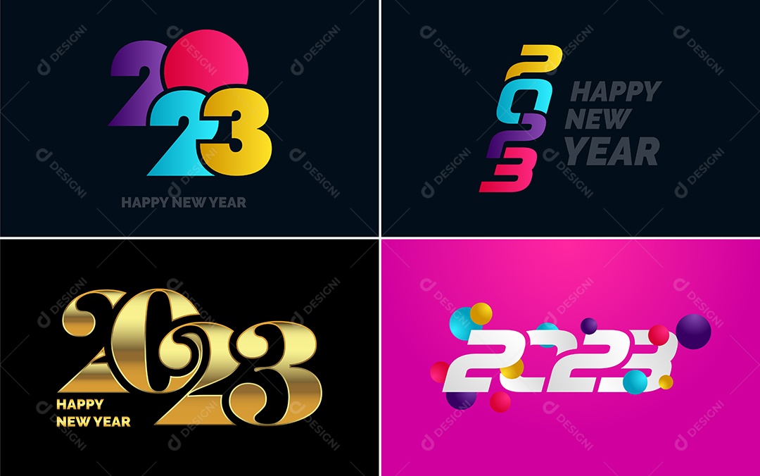 Grande conjunto de design de texto de logotipo de feliz ano novo de 2023.
