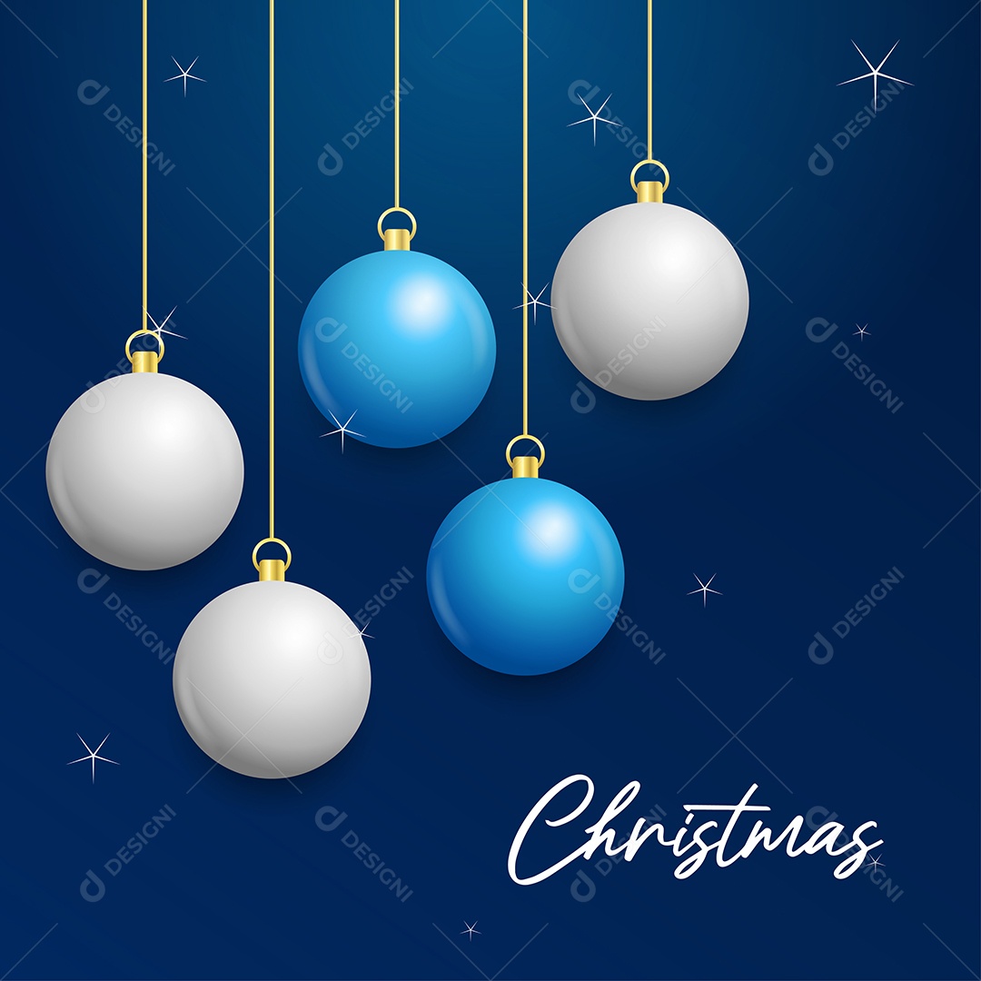 Fundo azul de Natal com branco brilhante e prata pendurados