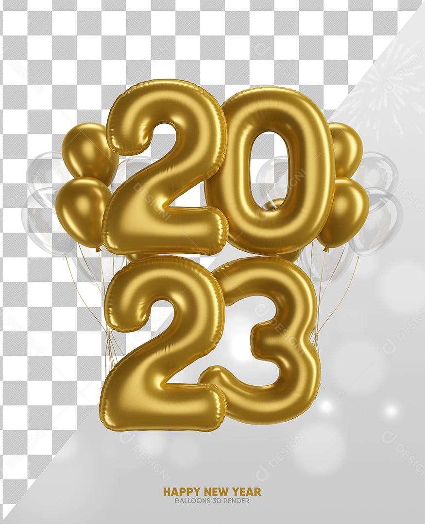 Número 2023 Dourado com Balões Elemento 3D de Ano Novo para Composição PSD