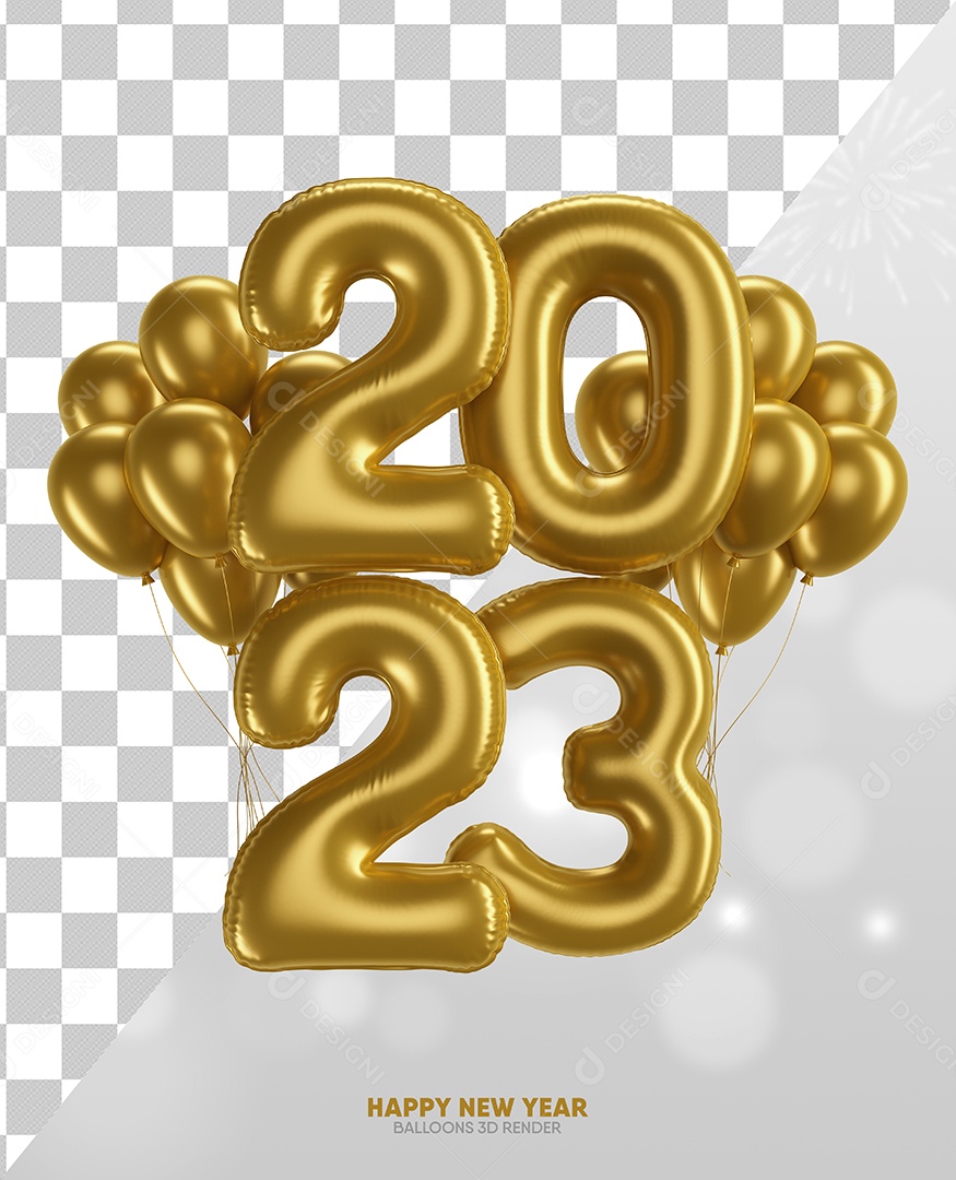 Número 2023 Dourado com Balões Elemento 3D de Ano Novo para Composição PSD