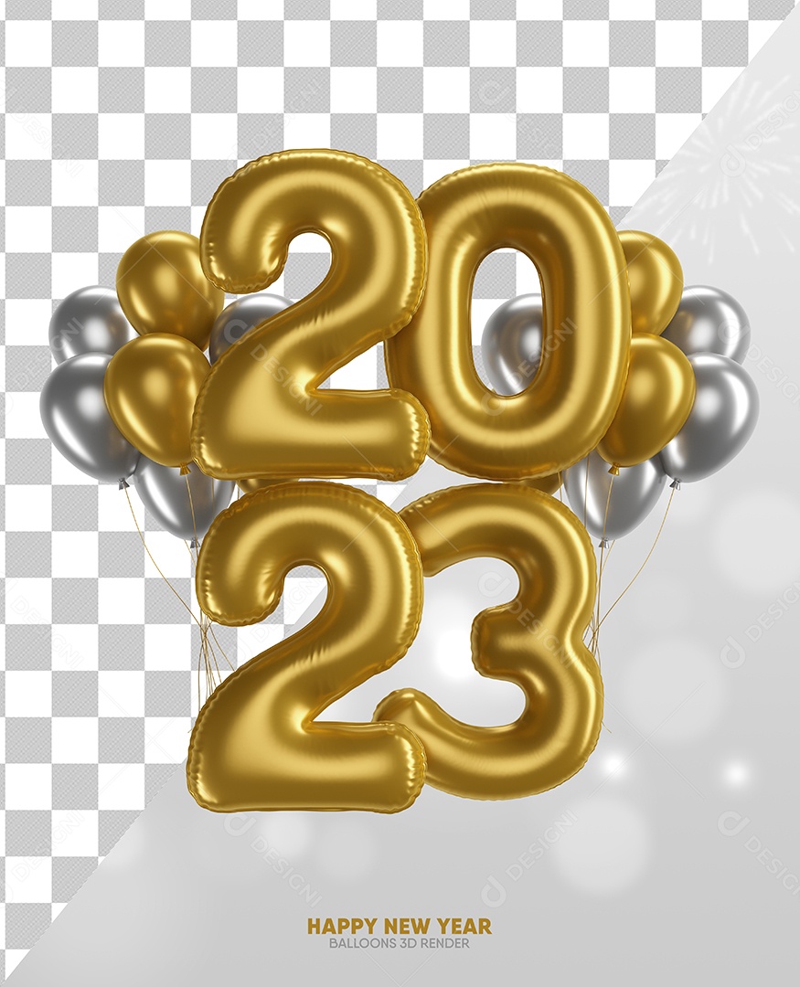 Número 2023 Dourado com Balões Elemento 3D de Ano Novo para Composição PSD