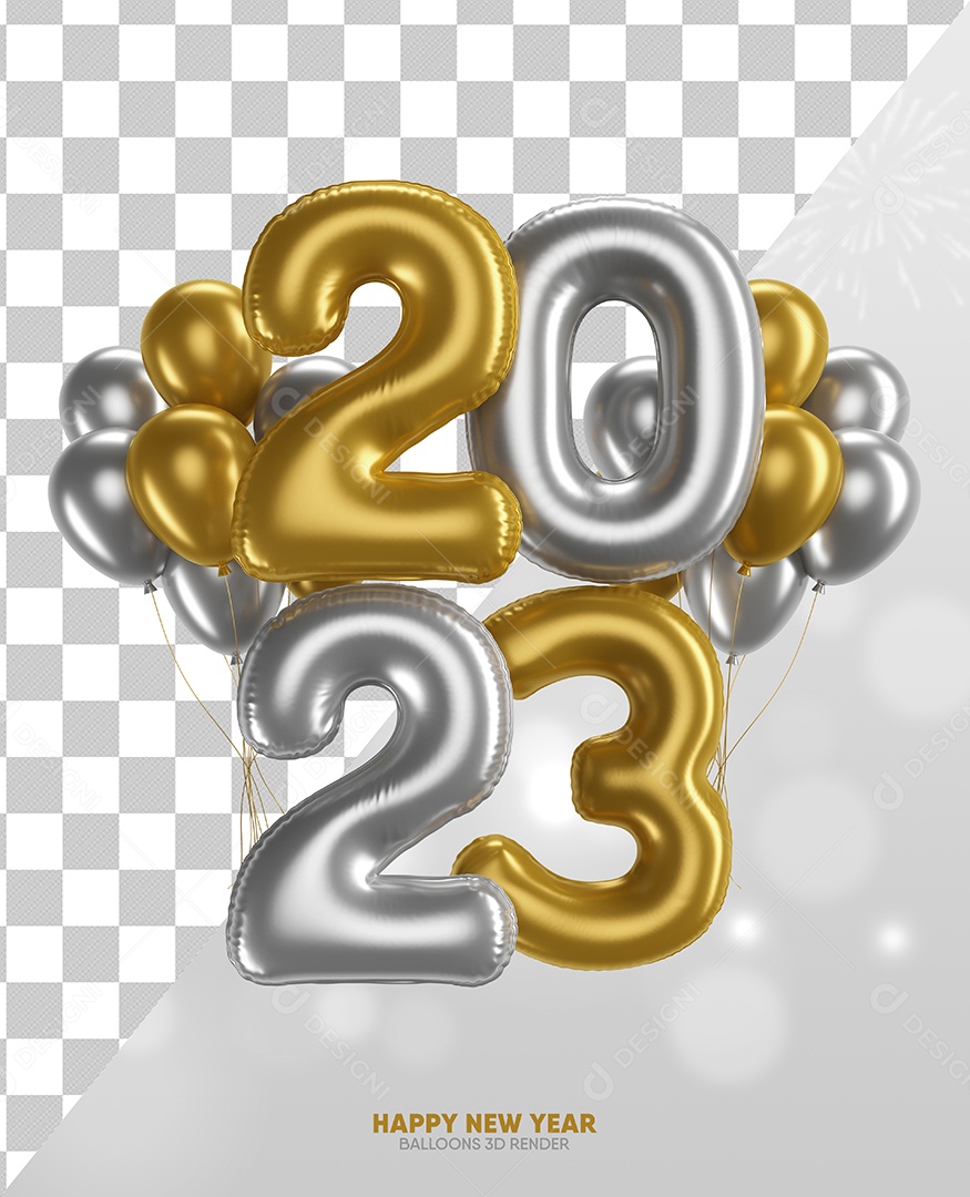 Número 2023 Dourado e Prata Elemento 3D de Ano Novo para Composição PSD