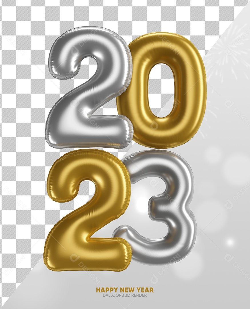 Number 2023 Golden and Silver 3D New Year Element for Composition PSD