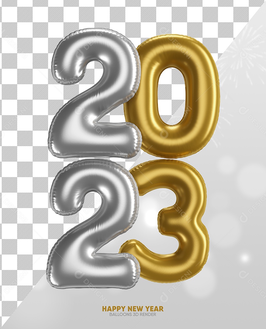 Número 2023 Dourado e Prata Elemento 3D de Ano Novo para Composição PSD