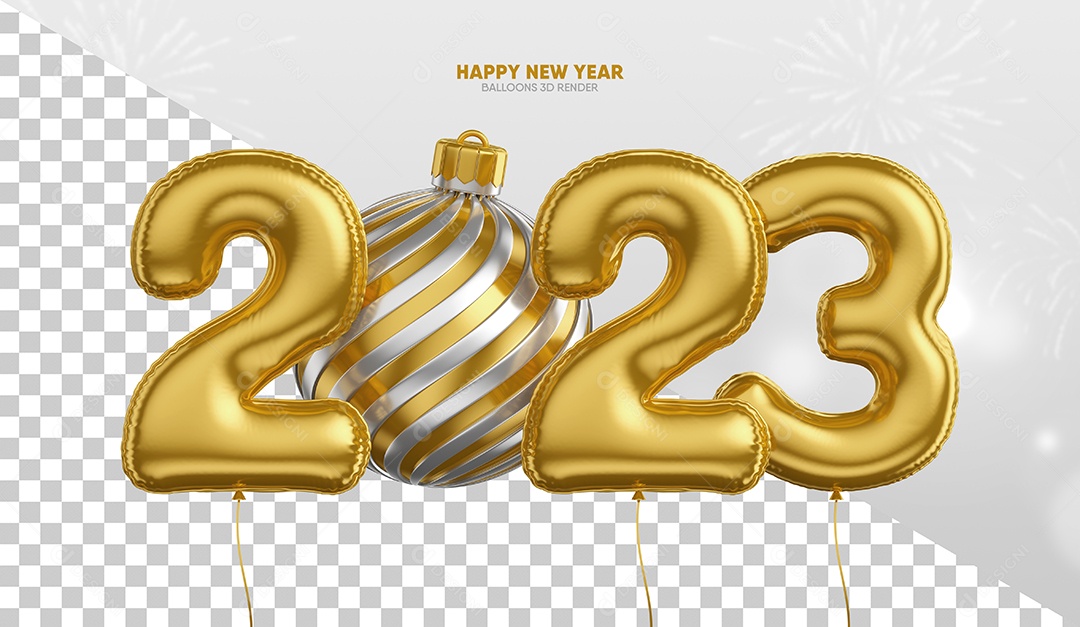 Número 2023 Dourado Elemento 3D de Ano Novo para Composição PSD