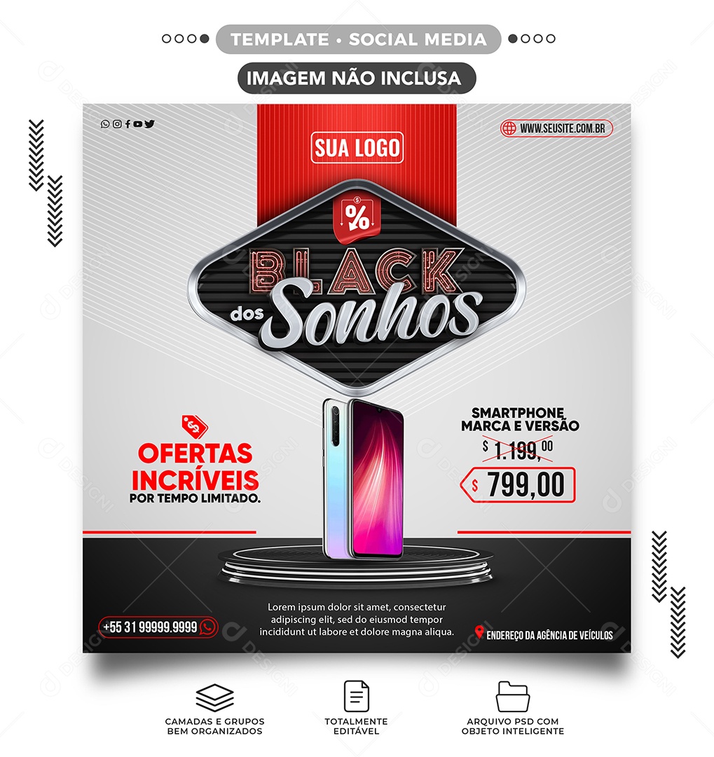 Black Sonhos Ofertas Incríveis Black Friday Loja de Celulares Social Media PSD Editável