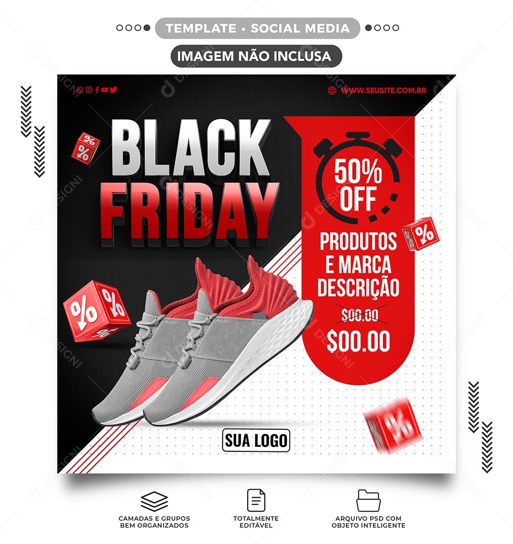 Produtos 50% Off Black Friday Loja de Tênis Social Media PSD Editável