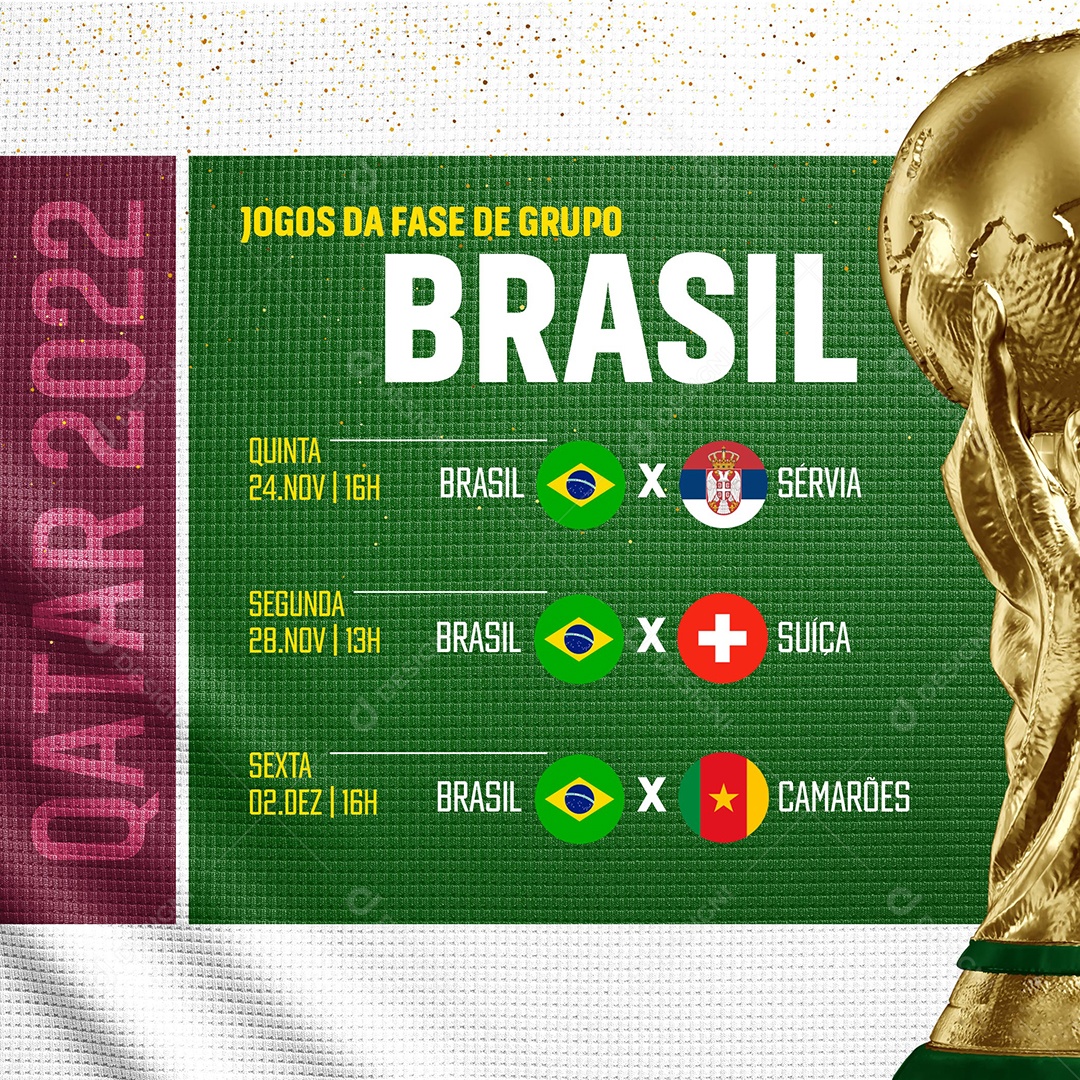 Jogos da Fase de Grupo Brasil Copa do Mundo Futebol Social Media PSD Editável
