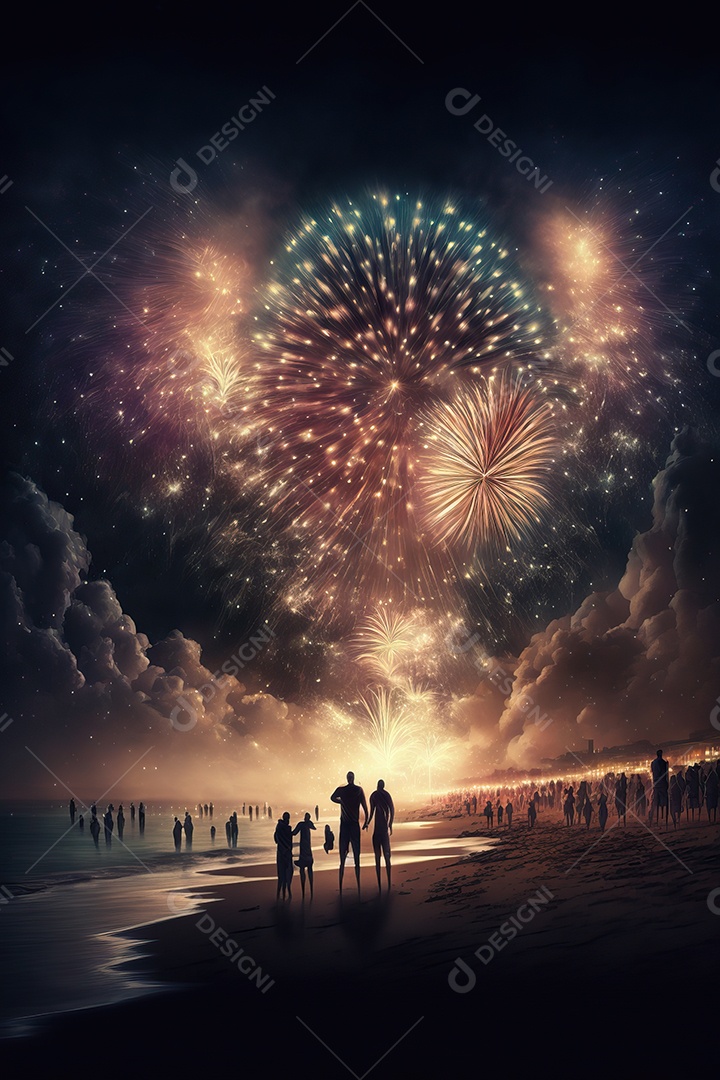 Celebração da festa de Ano Novo à noite na praia com fogos de artifício.