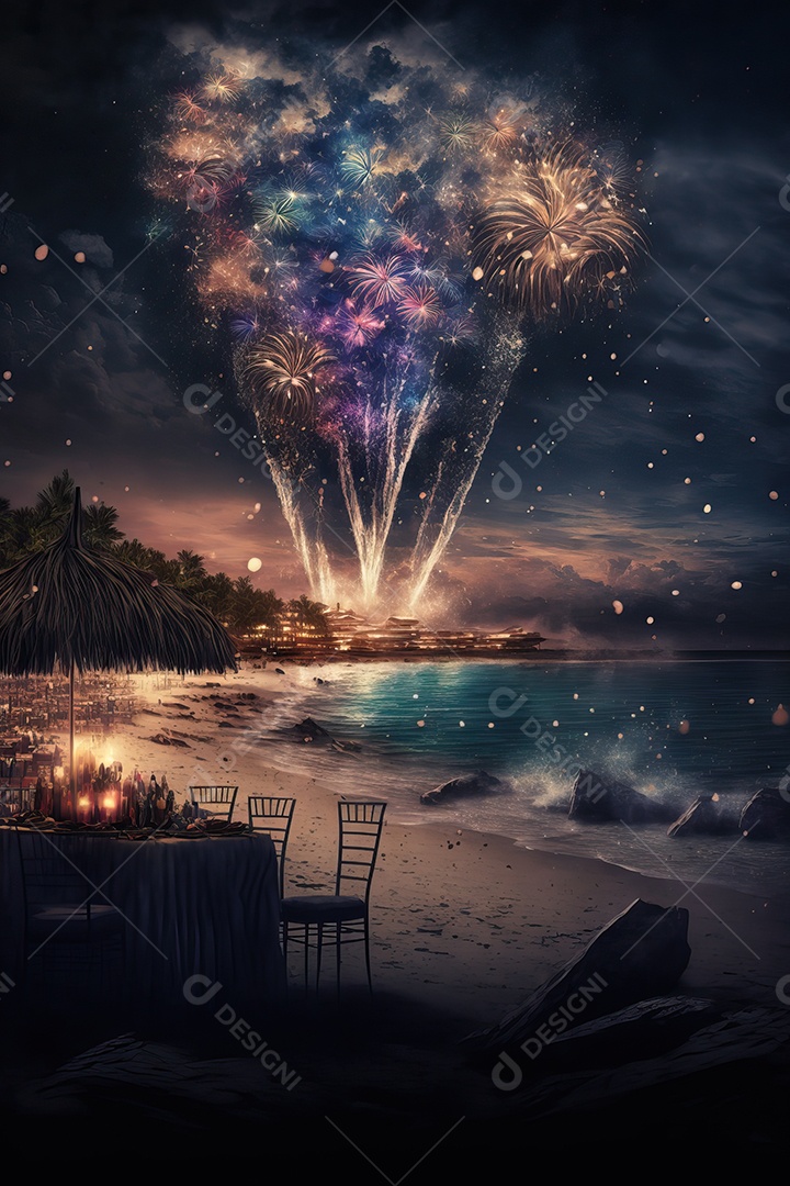 Celebração da festa de Ano Novo à noite na praia com fogos de artifício.