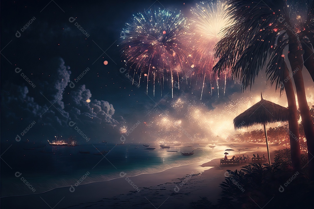 Celebração da festa de Ano Novo à noite na praia com fogos de artifício.