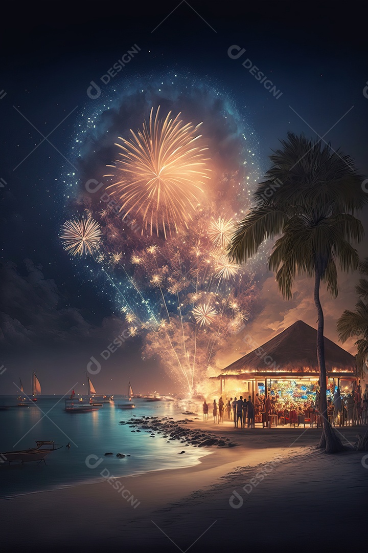 Celebração da festa de Ano Novo à noite na praia com fogos de artifício.