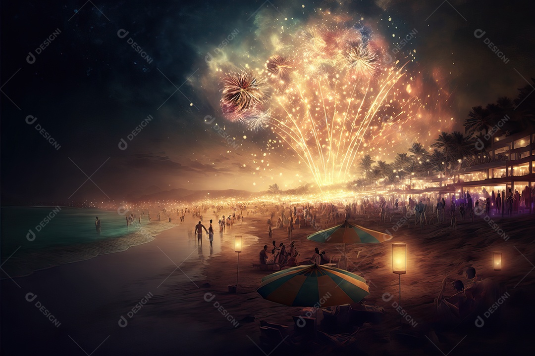 Celebração da festa de Ano Novo à noite na praia com fogos de artifício.
