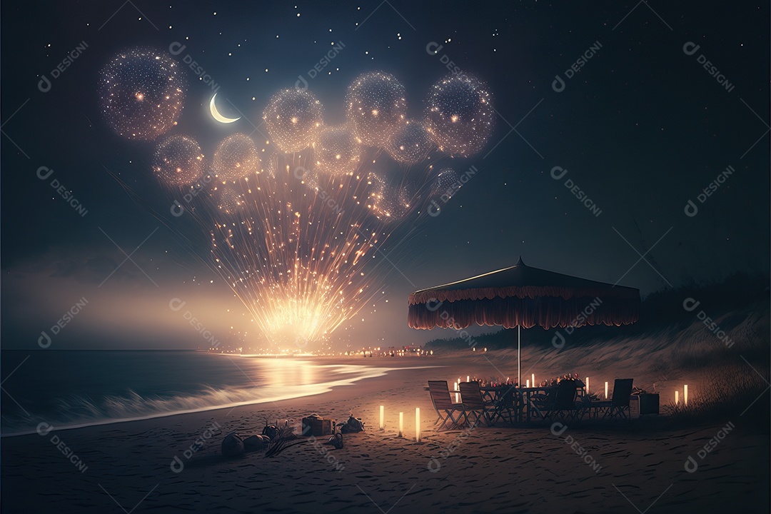 Celebração da festa de Ano Novo à noite na praia com fogos de artifício.