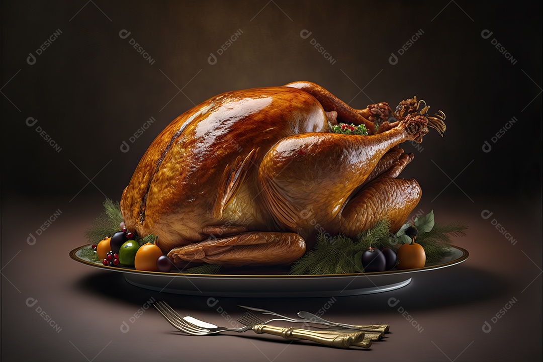 Peru assado suculento e saboroso no prato com decoração de Natal.