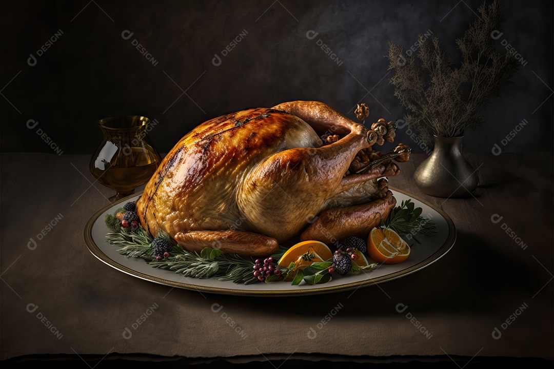 Peru assado suculento e saboroso no prato com decoração de Natal.