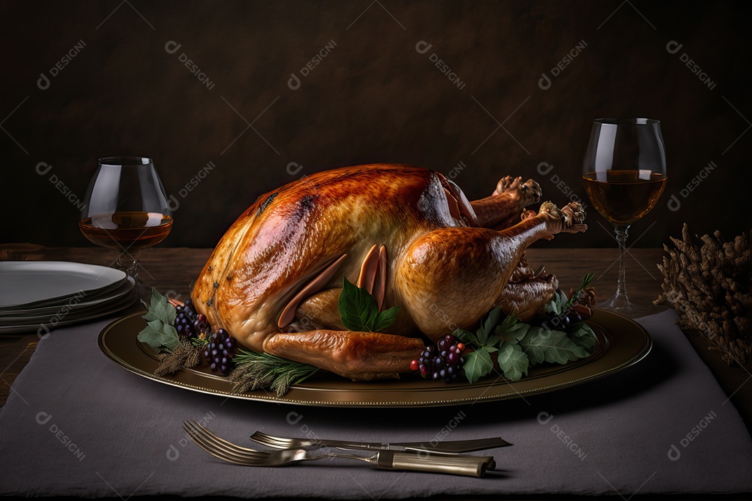 Peru assado suculento e saboroso no prato com decoração de Natal.