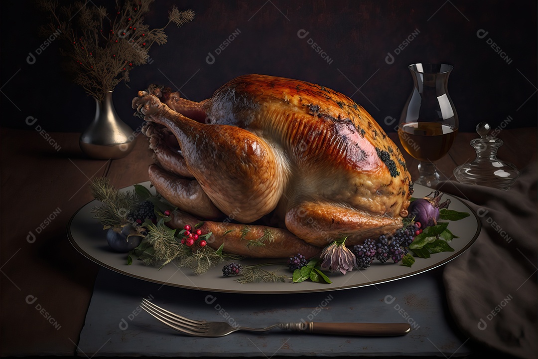 Peru assado suculento e saboroso no prato com decoração de Natal.
