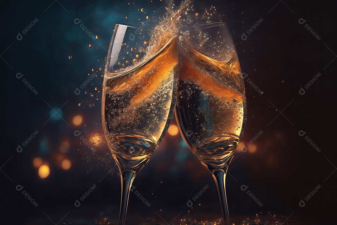 Duas taças de champanhe se tocando e brindando à noite na festa de ano novo na praia.