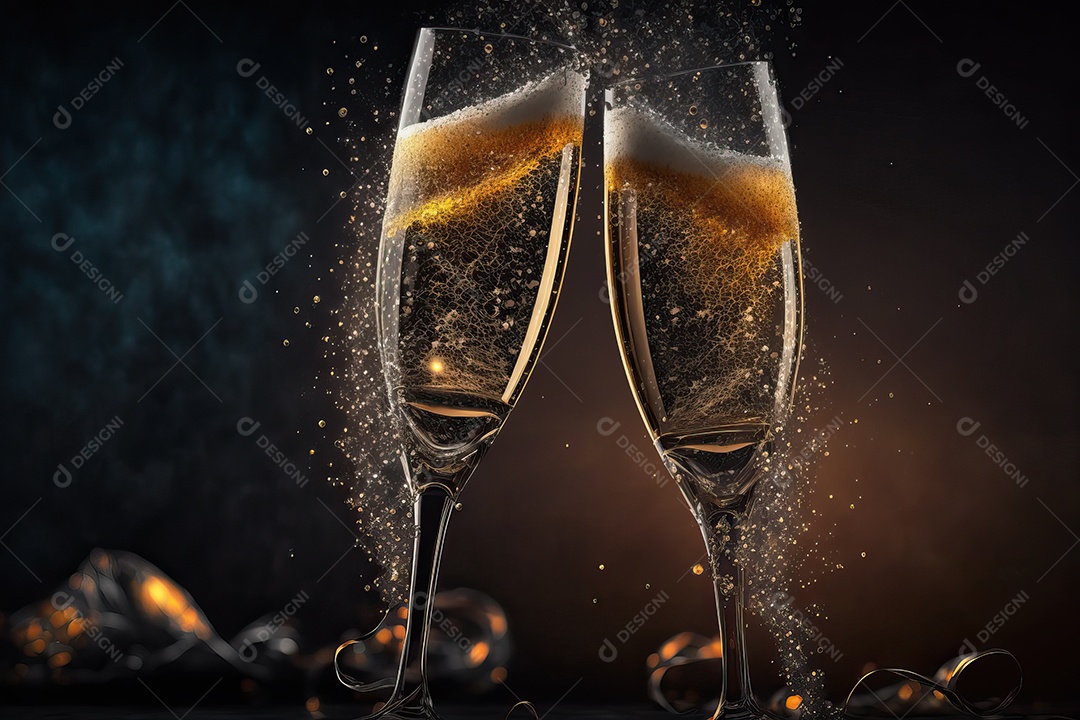 Duas taças de champanhe se tocando e brindando à noite na festa de ano novo na praia.