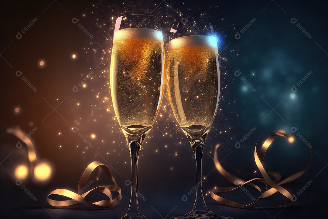 Duas taças de champanhe se tocando e brindando à noite na festa de ano novo na praia.