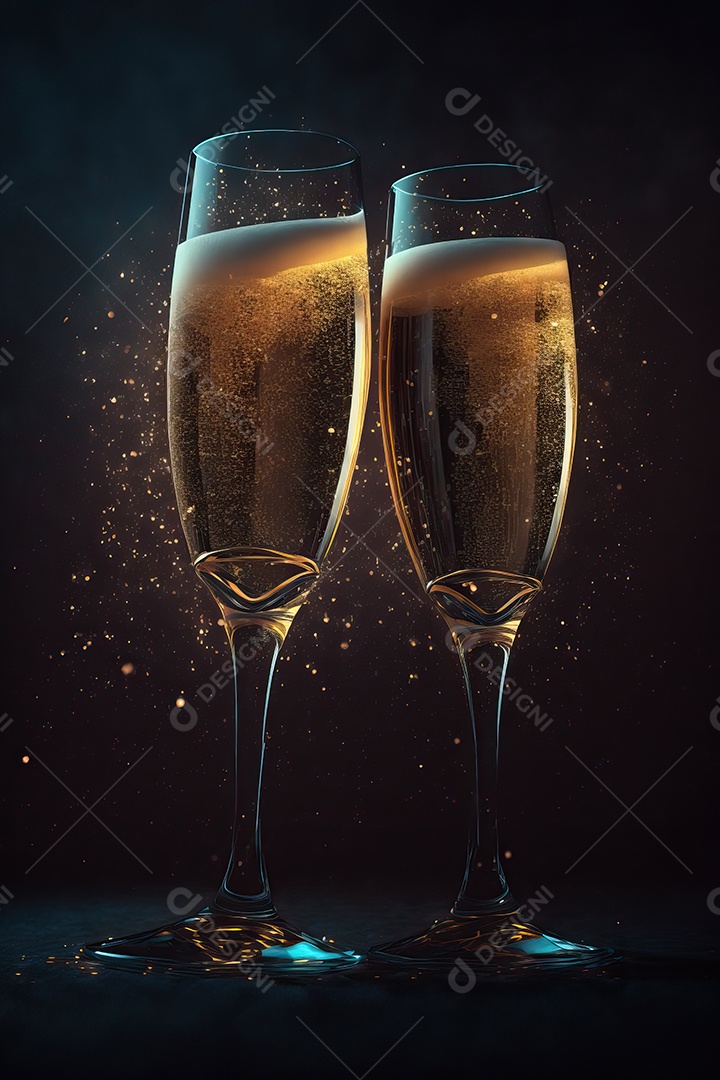 Duas taças de champanhe se tocando e brindando à noite na festa de ano novo na praia.