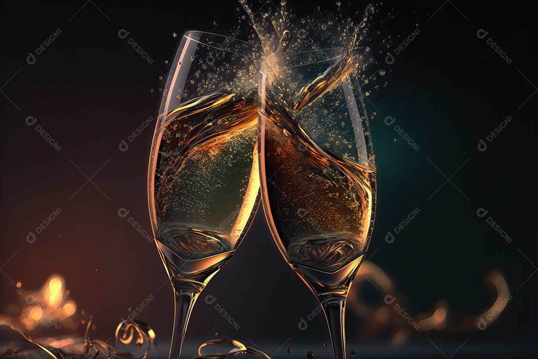 Duas taças de champanhe se tocando e brindando à noite na festa de ano novo na praia.