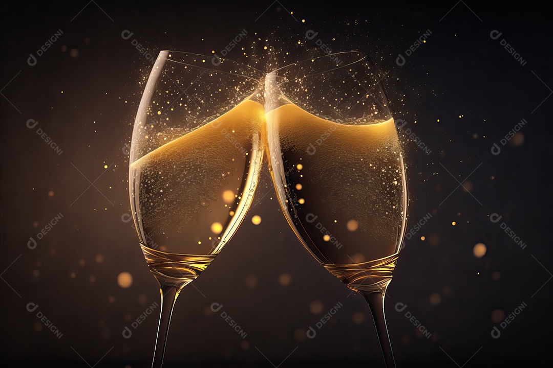 Duas taças de champanhe se tocando e brindando à noite na festa de ano novo na praia.